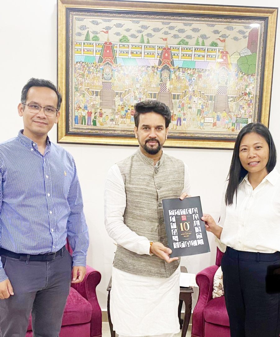 Hekani Jakhalu submitting the proposal to Union Minister Anurag Thakur in New Delhi.